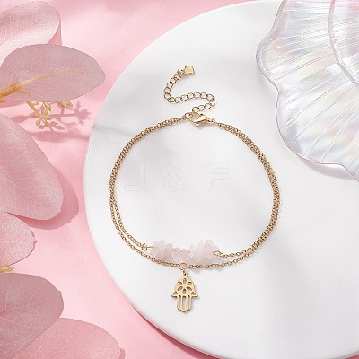 Natural Rose Quartz Chips Beaded & Hamsa Hand Charms Double Layer Multi-strand Bracelet AJEW-AN00511-03-1