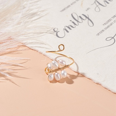 Copper Wire Wrapped Natural Cultured Freshwater Pearl Cuff Rings for Women RJEW-JR00438-1