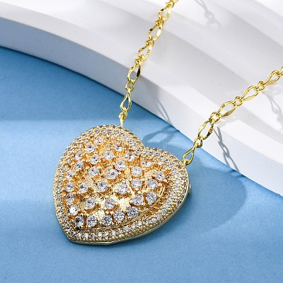 Brass Pave Clear Cubic Zirconia Heart Pendant Necklaces for Women NJEW-K381-07B-G-1