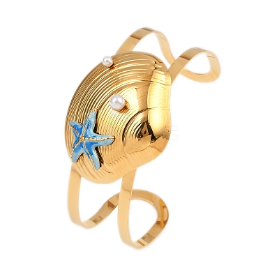 Shell Shape 304 Stainless Steel Enamel Cuff Bangles for Women BJEW-A049-04B-G-1