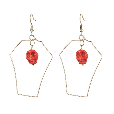 Halloween Skull Synthetic Dyed Turquoise & Copper Wire Dangle Earrings for Women EJEW-JE05884-1