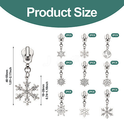18Pcs 9 Styles Alloy Replacement Zipper Head with Snowflake Tibetan Style Alloy Pendants PALLOY-TAC0158-1