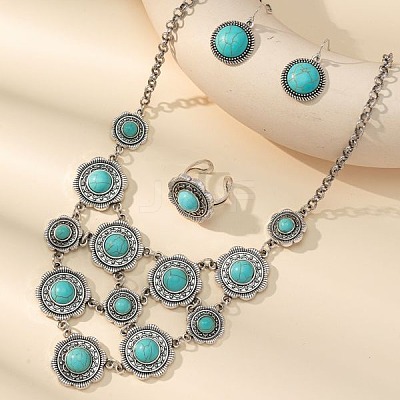 Bohemia Round Synthetic Turquoise Necklaces & Dangle Earring & Cuff Rings Sets WGA21BC-02-1
