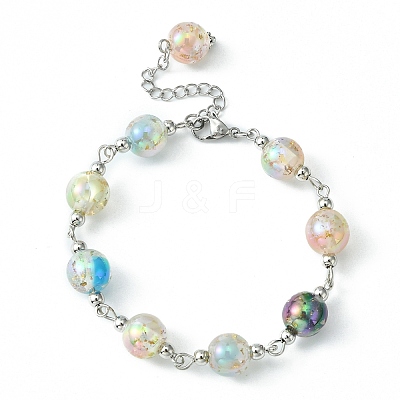 Resin with Gold Foil Round Beaded Chain Bracelet BJEW-JB09474-01-1