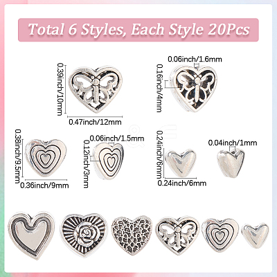 120Pcs 6 Styles Tibetan Style Alloy Beads TIBE-SP0001-22C-1