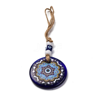Flat Round with Evil Eye Lampwork Pendant Decoration HJEW-Z005-01C-1