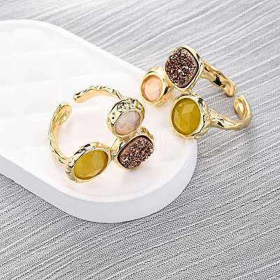 Natural Rose Quartz/Korean Jade/Agate Germ Cuff Rings RJEW-M076-05G-04-1