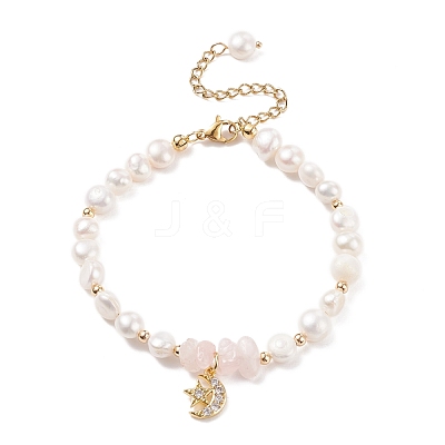 Natural Rose Quartz Chips & Pearl Beaded Bracelet BJEW-JB08236-01-1