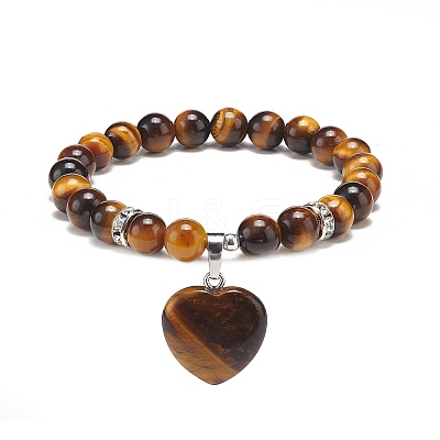 Gemstone Round Beaded Stretch Bracelet with Heart Charm for Women BJEW-JB09019-1