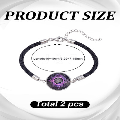 1 Set 2Pcs Valentine's Day Luminous 304 Stainless Steel Glass Flat Round Link Bracelet Sets BJEW-LP0001-35B-1
