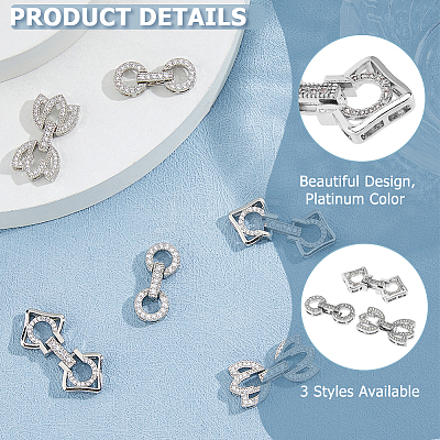 6Pcs 3 Styles Rack Plating Brass Micro Pave Clear Cubic Zirconia Fold Over Clasps KK-HS0001-02P-1