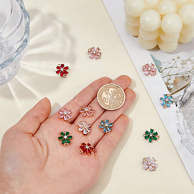 12Pcs 6 Colors Brass Pave Cubic Zirconia and Glass Flower Links Connector Charms KK-FH0008-41-1