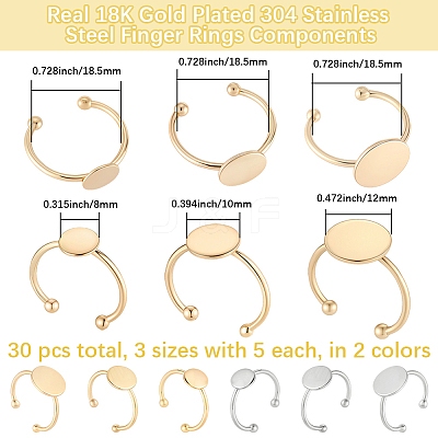 30Pcs 6 Styles Adjustable 304 Stainless Steel Finger Rings Components STAS-BBC0007-97-1