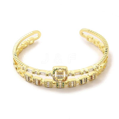 Square Glass Open Cuff Bangle with Cubic Zirconia BJEW-A136-02G-1