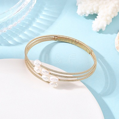 Natural Freshwater Pearl & Brass 3-Strand Open Cuff Bangles BJEW-JB14229-1