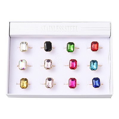 304 Stainless Steel with Glass Cuff Rings for Women RJEW-K309-41D-1