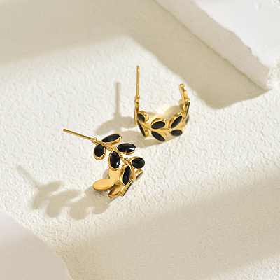 201 Stainless Steel Leaf Stud Earrings HA6240-1-1
