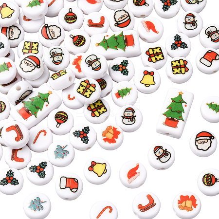 100Pcs Christmas Theme Printed Opaque Acrylic Beads OACR-SP0001-93-1