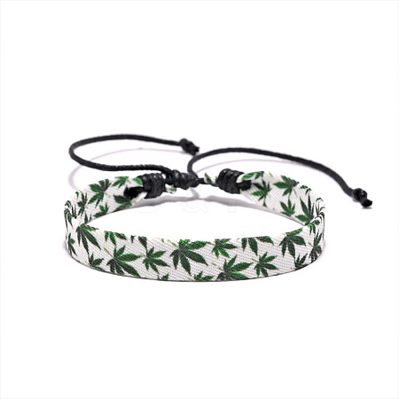 Printed Maple Leaf Pattern Cloth & Waxed Cord Braided Bracelets for Men Women FS-WG27F11-01-1