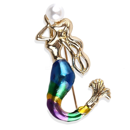 Mermaid Holding Imitation Pearl Alloy Enamel Pins PW-WGA7904-01-1