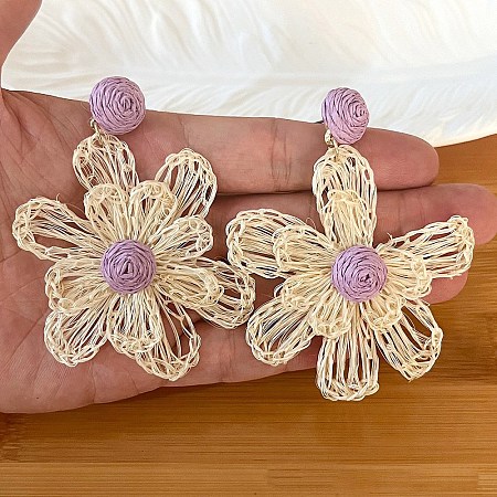 Bohemian Raffia with Linen Stud Dangle Earrings FS-WG91701-05-1