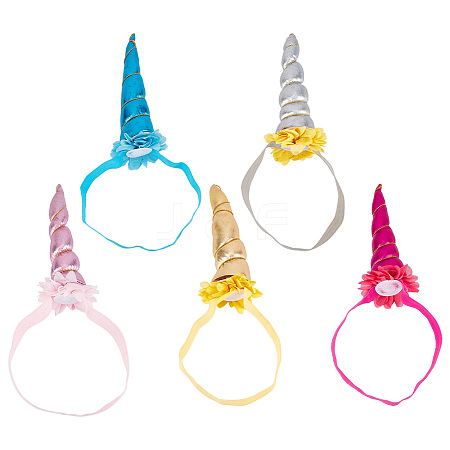 5Pcs 5 Colors Cloth Unicorn Horn Headbands for Kids OHAR-DR0001-01-1