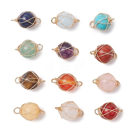 12Pcs 12 Styles Mixed Gemstone Copper Wire Wrapped Round Connector Charms PALLOY-JF02909-1