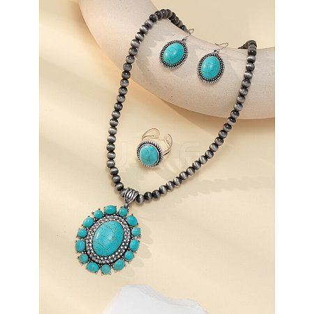 Bohemian Style Oval Alloy & Synthetic Turquoise Pendant Necklaces & Dangle Earrings & Cuff Rings Sets FS-WG676BC-02-1