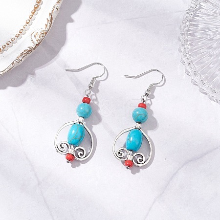Tibetan Style Alloy Synthetic Turquoise Oval Dangle Earrings EJEW-JE06575-1-1