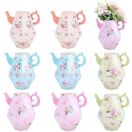 12Pcs 4 Styles 3D Flower Printed Teapot Shaped Paper Flower Gift Boxes DIY-SP0006-37-1