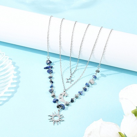 201 Stainless Steel Sun Moon Star Pendant Natural Lapis Lazuli & 304 Stainless Steel Link Chain 3 Layer Necklaces for Women NJEW-JN05470-04-1
