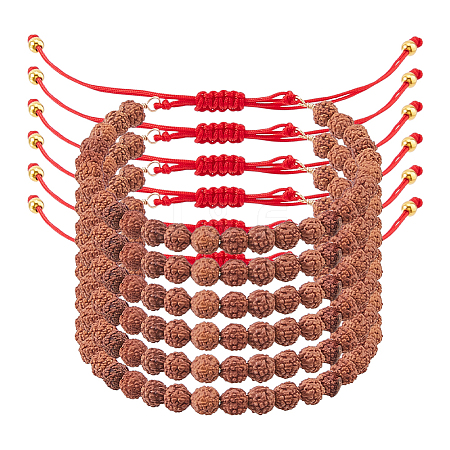 6Pcs Round Natural Rudraksha Beaded Braided Bead Bracelets BJEW-DC00021-1