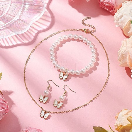 Alloy Enamel Butterfly Charm Necklaces & Dangle Earring & ABS Plastic Imitation Pearl Beads Bracelets Sets SJEW-JS01315-03-1