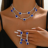 Rectangle Brass Rhinestone Double Layer Chain Necklace & Stud Dangle Earring Sets FS-WG7C731-03-1