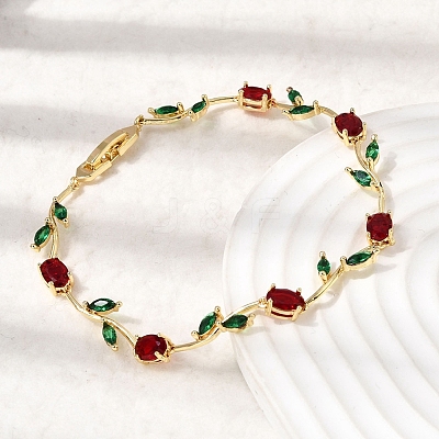 Leaf Brass Micro Pave Cubic Zirconia Link Chain Bracelets for Women BJEW-D455-01G-04-1