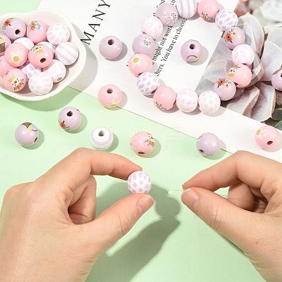 40Pcs 10 Colors Easter Theme Printed Wood Beads WOOD-FS0002-55B-1