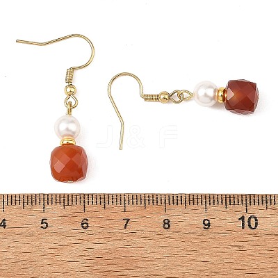 Natural Carnelian with Round Shell Pearl Beads Cube Dangle Earrings EJEW-JE07522-1