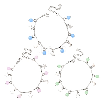 3Pcs Stainless Steel and Natural & Dyed Malaysia Jade Charm Bracelets BJEW-JB12418-1