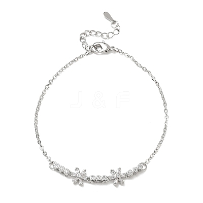 Brass Pave Clear Cubic Zirconia Flower Link Bracelets KK-CBA6980-24P-1