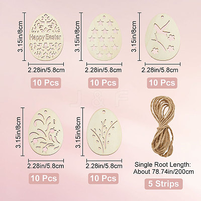 50Pcs 5 Style Easter Unfinished Wood Pendant Ornaments WOOD-GF0002-01-1