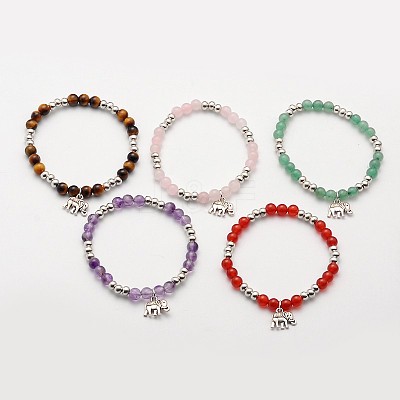 Natural Mixed Stone Beaded Elephant Charm Stretch Bracelets BJEW-JB01974-1