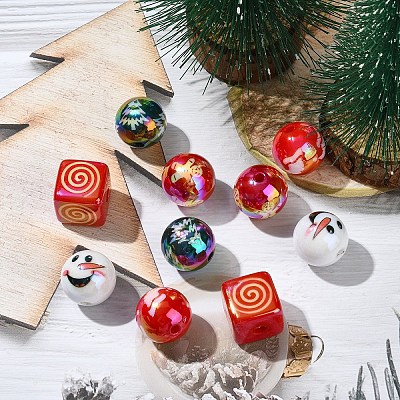 12Pcs 6 Styles Christmas Theme UV Plating Acrylic Round/Cube Beads OACR-YW0003-46-1
