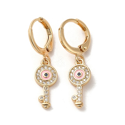 Key with Evil Eye Golden Brass Dangle Leverback Earrings EJEW-Q797-03G-02-1
