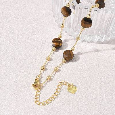 Natural Tiger Eye Faceted Flat Round Beaded Chain Necklaces with Matte Brass Beads GG-CBA37F5-01G-04-1