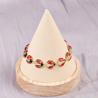 Brass Micro Pave Clear Cubic Zirconia with Enamel Red Ladybug Link Chain Bracelets for Women BJEW-L707-02G-1