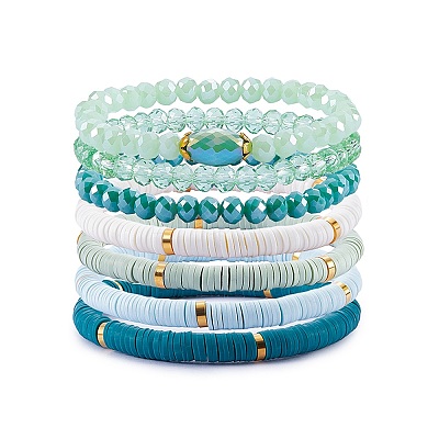 7Pcs 7 Style Handmade Polymer Clay Heishi Surfer Stretch Bracelets Set BJEW-SW00073-03-1
