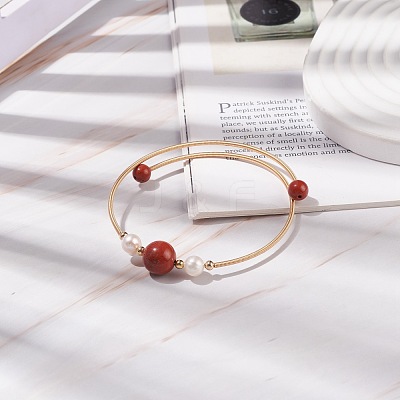 Natural Red Jasper & Pearl Round Beaded Bangle BJEW-JB08464-05-1