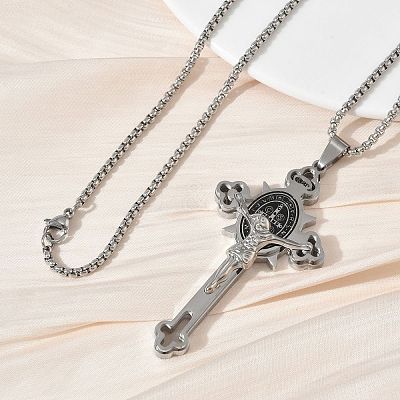 Religion 201 Stainless Steel Enamel Saint Benedict Crucifix Cross Pendant 304 Stainless Steel Box Chain Necklaces SA-CBA3211-03P-1