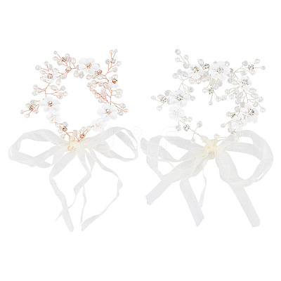 2Pcs 2 Colors Wedding Bridal Flower ABS Plastic Imitation Pearl Headband OHAR-GO0001-09-1
