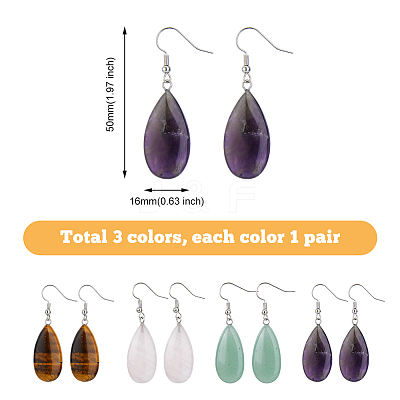 4 Pairs 4 Styles Natural Mixed Stone Teardrop Dangle Earrings with Steel Iron Pins for Women EJEW-FI0003-18-1